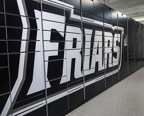 Mailroom lockers with the word Friars painted across them